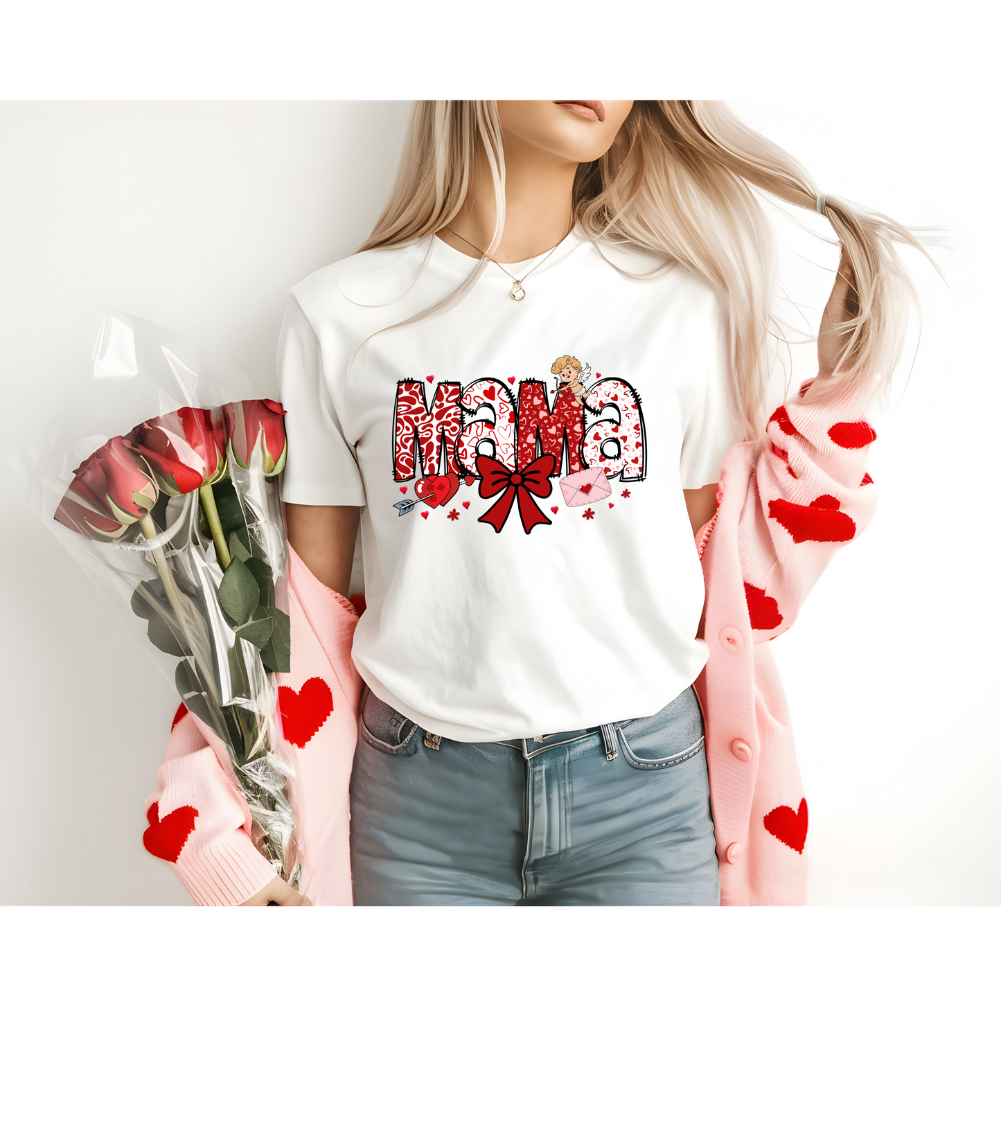 Valentine's Day MAMA T-Shirt, Love Heart Polka Dots Tee, Cute Family Gift, Unisex Softstyle Top, Valentine's Shirt, Bow Graphic Tee