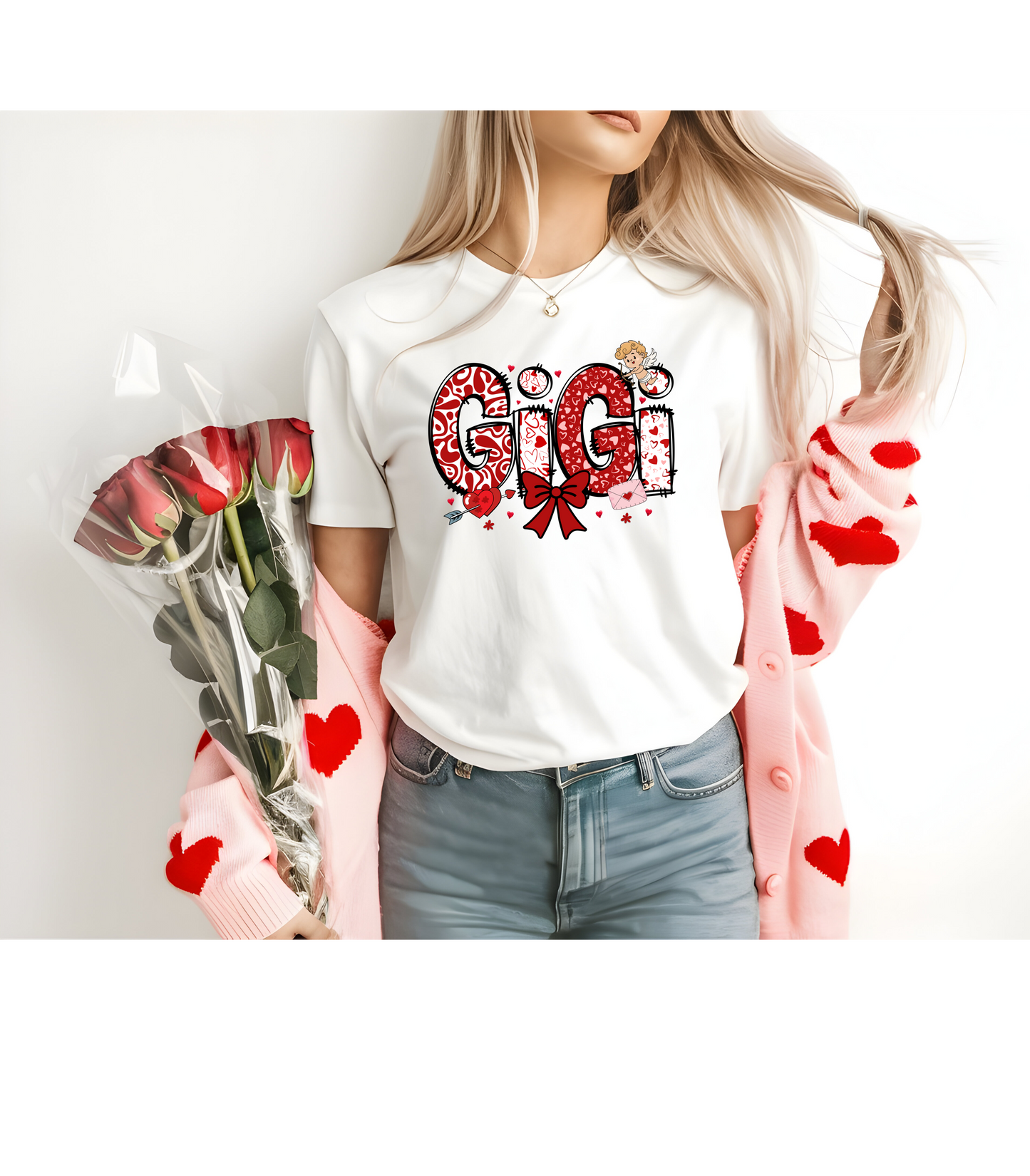 Valentine's Day GIGI T-Shirt, Love Heart Polka Dots Tee, Cute Family Gift, Unisex Softstyle Top, Valentine's Shirt, Bow Graphic Tee