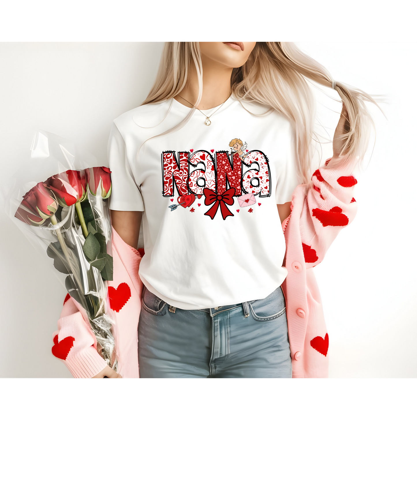 Valentine's Day Nana T-Shirt, Love Heart Polka Dots Tee, Cute Family Gift, Unisex Softstyle Top, Valentine's Shirt, Bow Graphic Tee